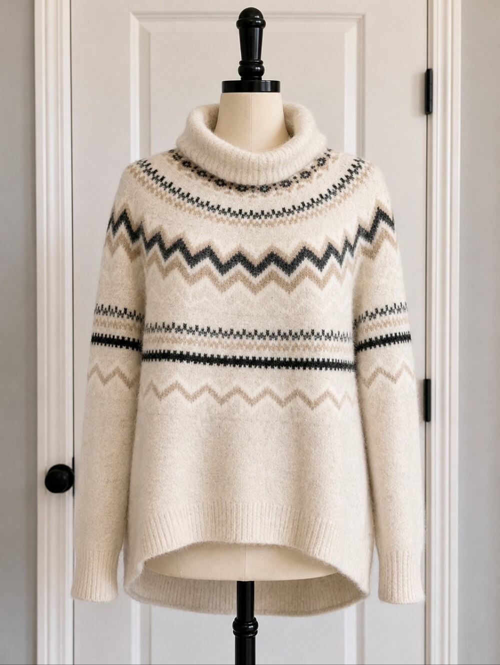 LOFT Fair Isle Turtleneck Sweater Size XL Cream Taupe Black Cozy Winter
